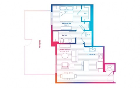 Floor plan for 1 bed, 1 bath, 745 sqft